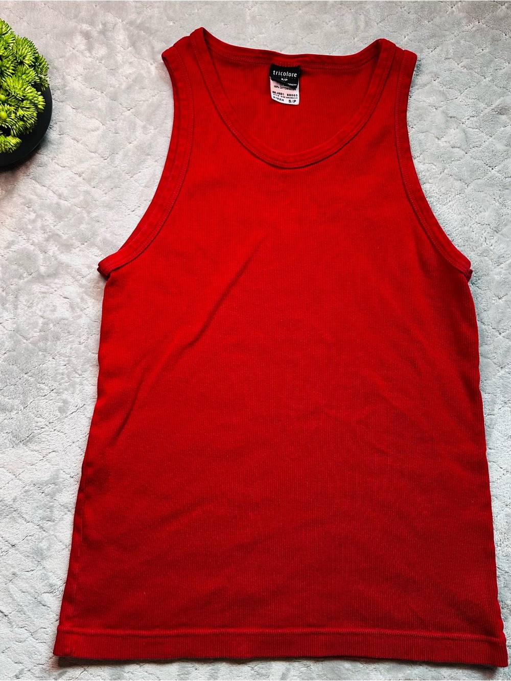 Coastal Y2K Cherry Red Ribbed Tank Tricolore 100% Cotton Fitted Summer Basic S